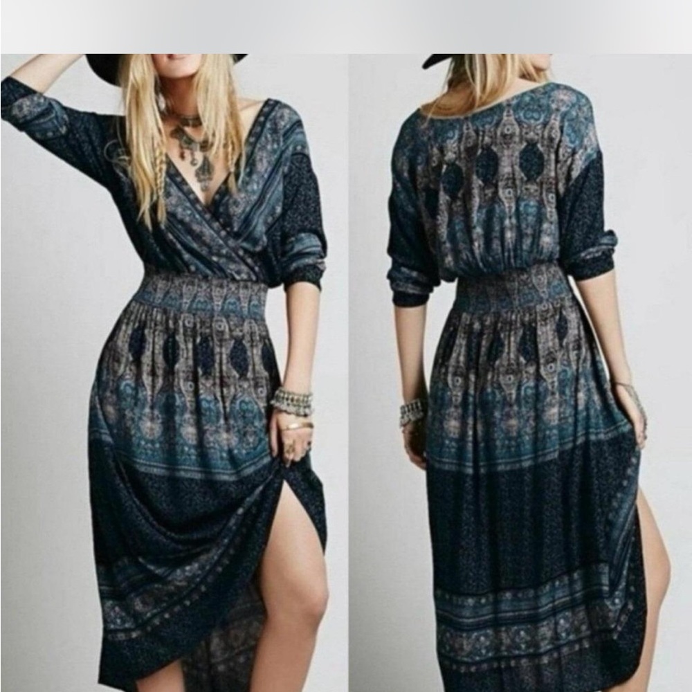 Free People Purple and White Boho Wrap Midi Dress. Photo is example of wear
